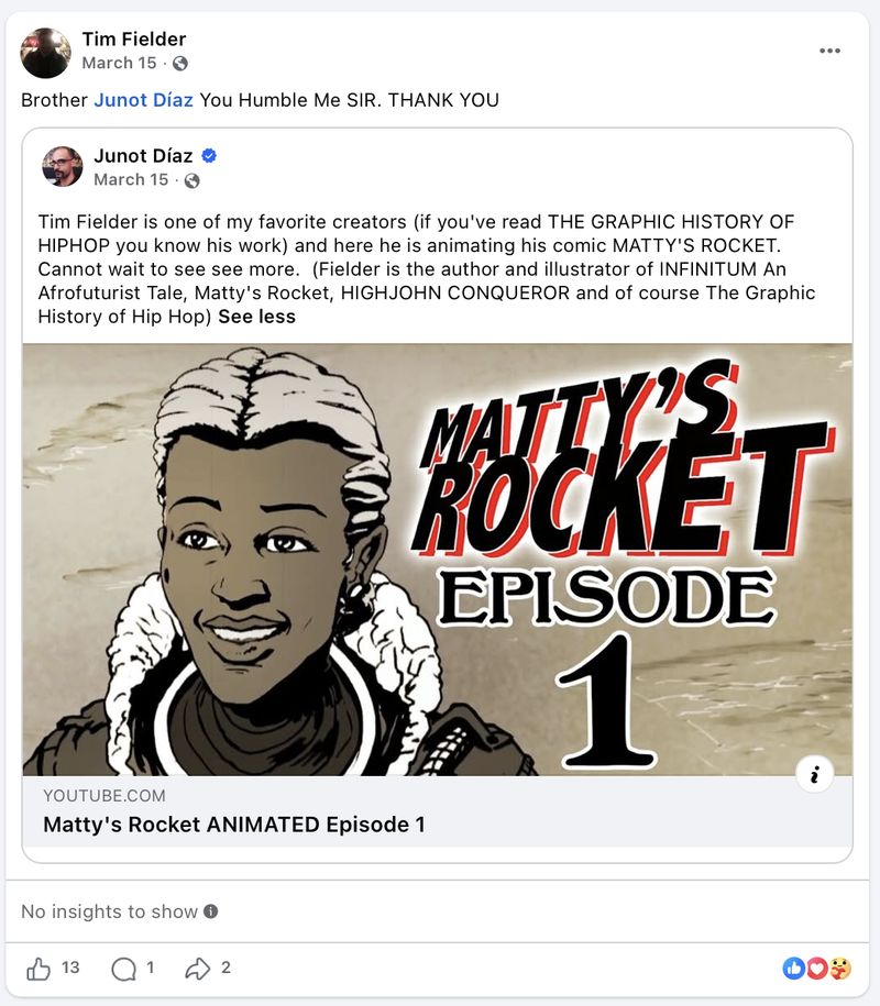 Junot Díaz Facebook post praising Tim Fielder's work